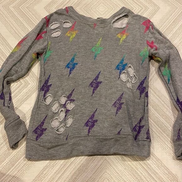 Flowers by Zoe Girls Grey Rainbow Lightning Bolt Ripped Sweatshirt - Picture 1 of 6